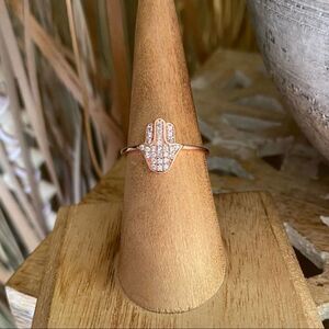 Hamsa Micro Pave CZ Diamond 14k Rose Gold Sterling Silver Ring Sizes 6,7,8